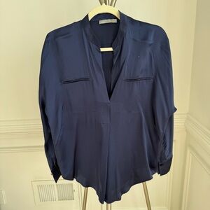 VINCE Navy Blue 100% Silk Blouse Banded Collar V-Neck Size XS